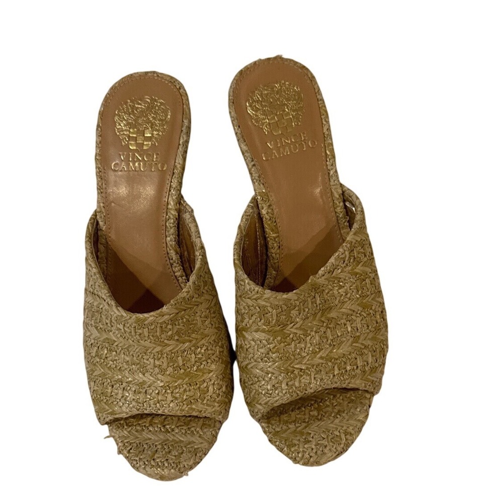 Vince Camuto Vilty Woman's 8.5M Boho Chic Woven Raffia Wedge Sandals Beige Mules